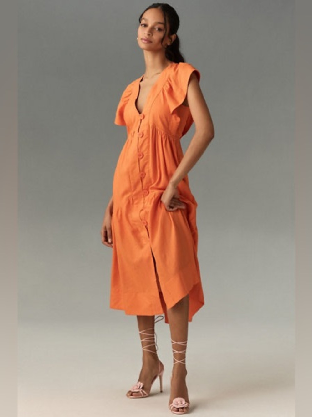 Anthropologie The Reneé Flutter-Sleeve Linen Button-Front Midi Dress Size XL
